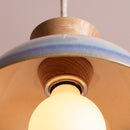 Blue and White Small Dawn Pendant Light in Ceramic and Oak