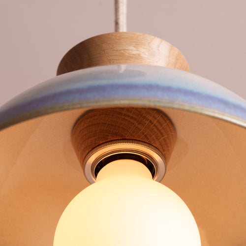 Blue and White Small Dawn Pendant Light in Ceramic and Oak