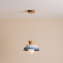Blue and White Small Dawn Pendant Light in Ceramic and Oak