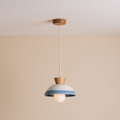 Blue and White Small Dawn Pendant Light in Ceramic and Oak