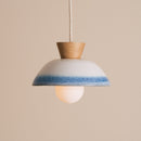 Blue and White Small Dawn Pendant Light in Ceramic and Oak
