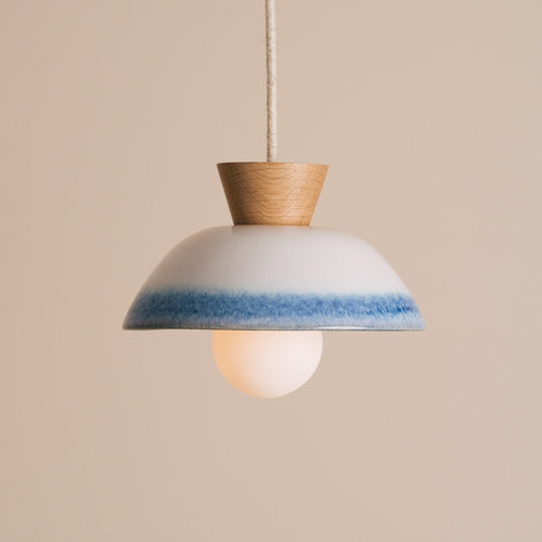 Blue and White Small Dawn Pendant Light in Ceramic and Oak