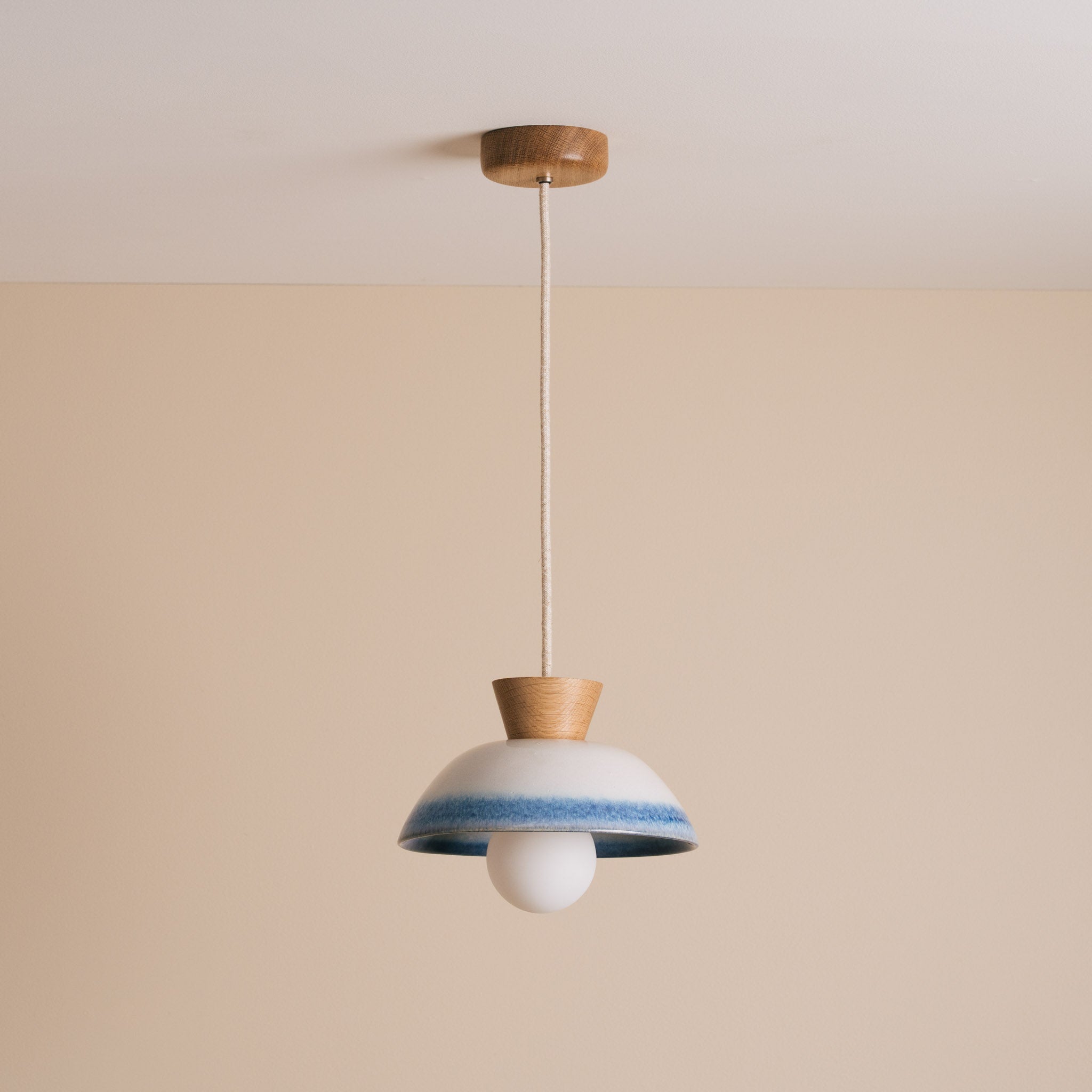 Blue and White Small Dawn Pendant Light in Ceramic and Oak