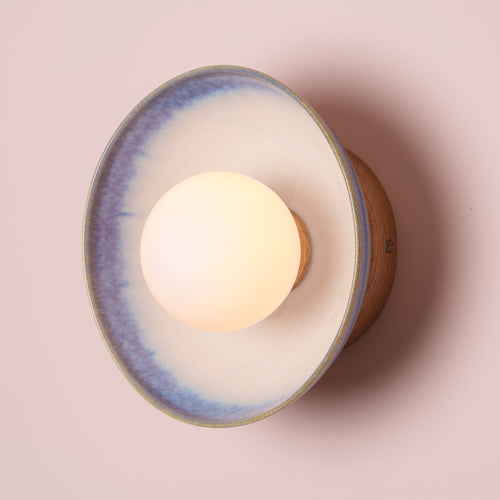 Blue and White Small Dawn Wall Light in Ceramic and Oak