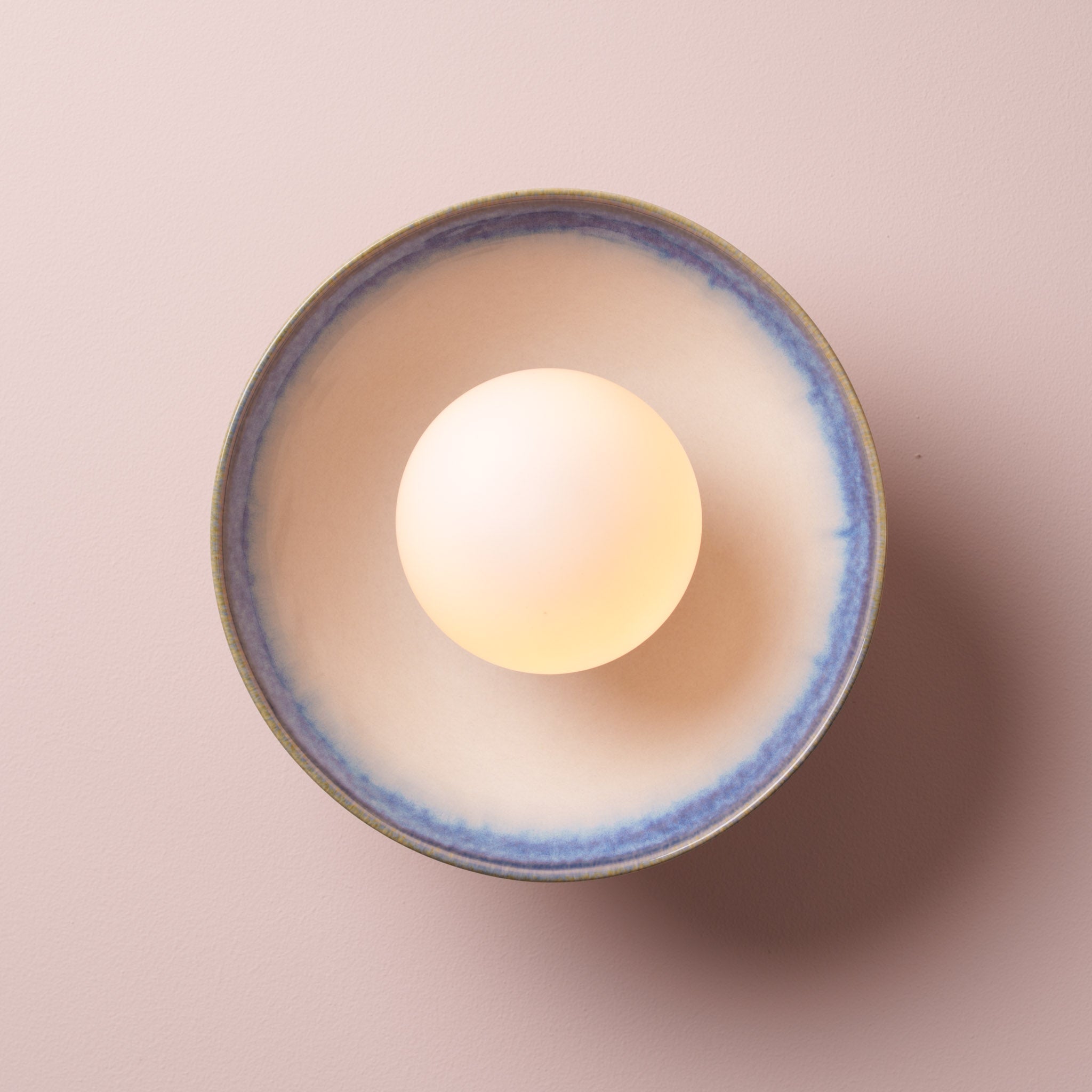Blue and White Small Dawn Wall Light in Ceramic and Oak