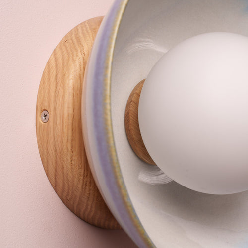 Blue and White Small Dawn Wall Light in Ceramic and Oak