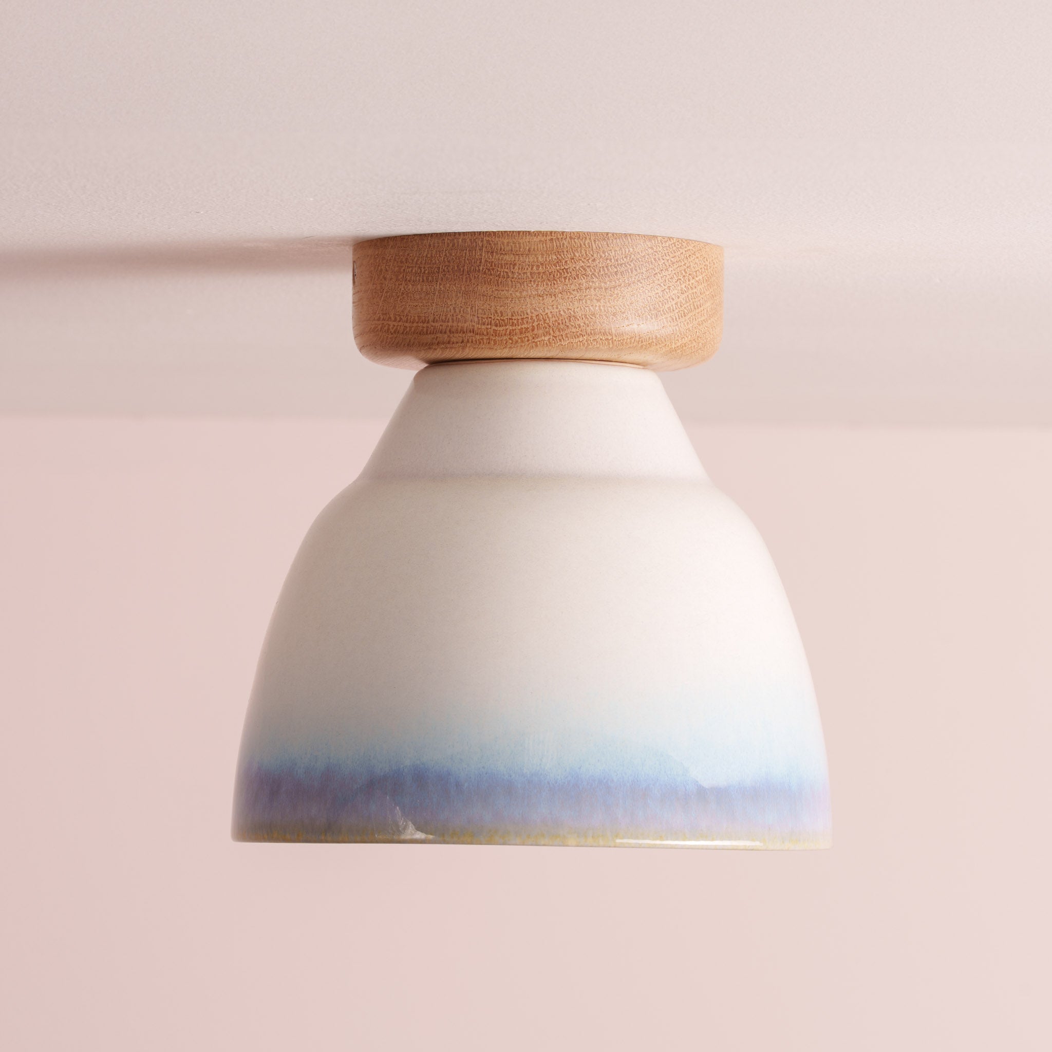 Blue and White Small Element Flush Mount Ceiling Light in Ceramic and Oak