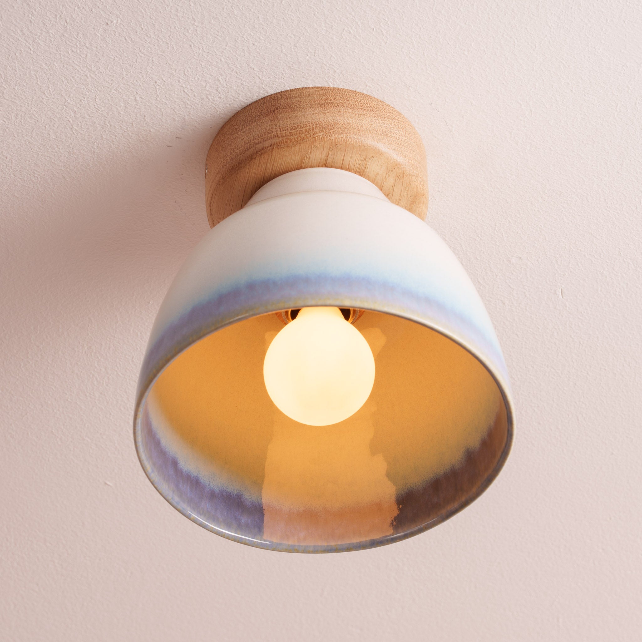 Blue and White Small Element Flush Mount Ceiling Light in Ceramic and Oak