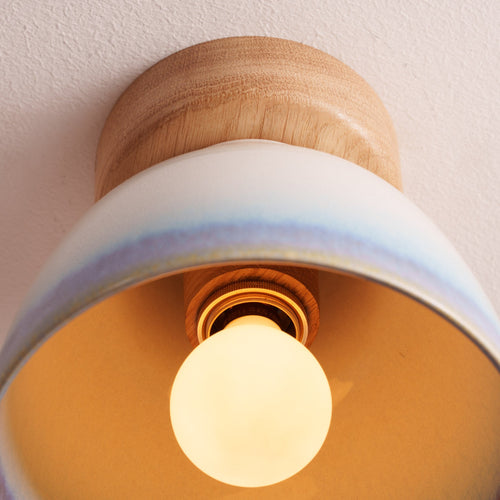 Blue and White Small Element Flush Mount Ceiling Light in Ceramic and Oak
