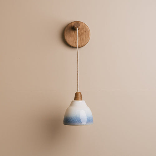 Small Element Hanging Wall Light in Ceramic and Oak - Blue and White