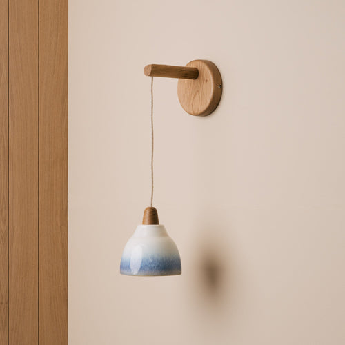 Small Element Hanging Wall Light in Ceramic and Oak - Blue and White