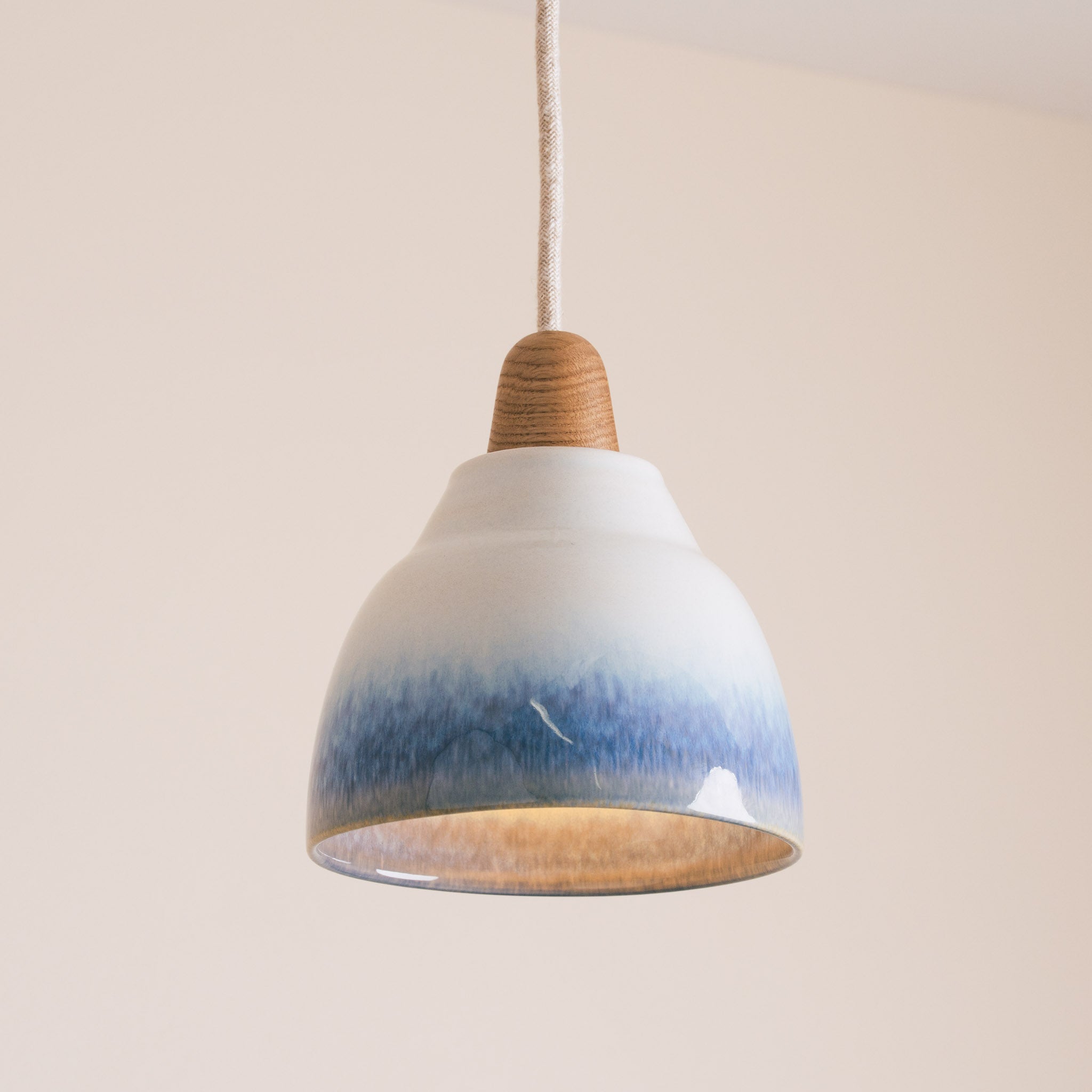 Blue and White Small Element Pendant Light in Ceramic and Oak
