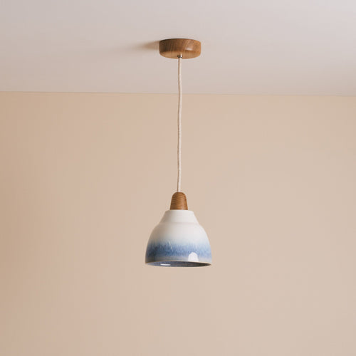 Blue and White Small Element Pendant Light in Ceramic and Oak