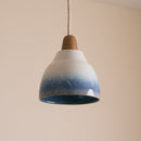 Blue and White Small Element Pendant Light in Ceramic and Oak