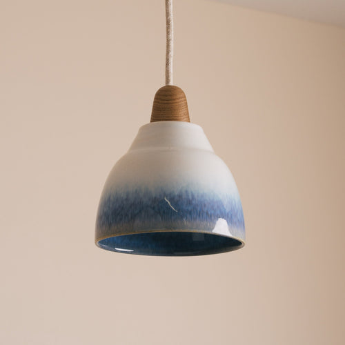 Blue and White Small Element Pendant Light in Ceramic and Oak