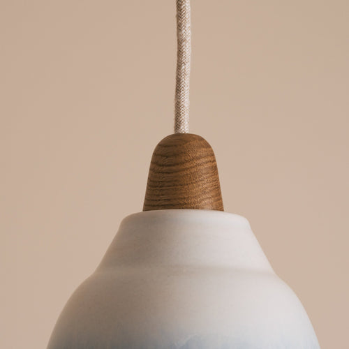 Blue and White Small Element Pendant Light in Ceramic and Oak