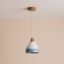 Blue and White Small Element Pendant Light in Ceramic and Oak