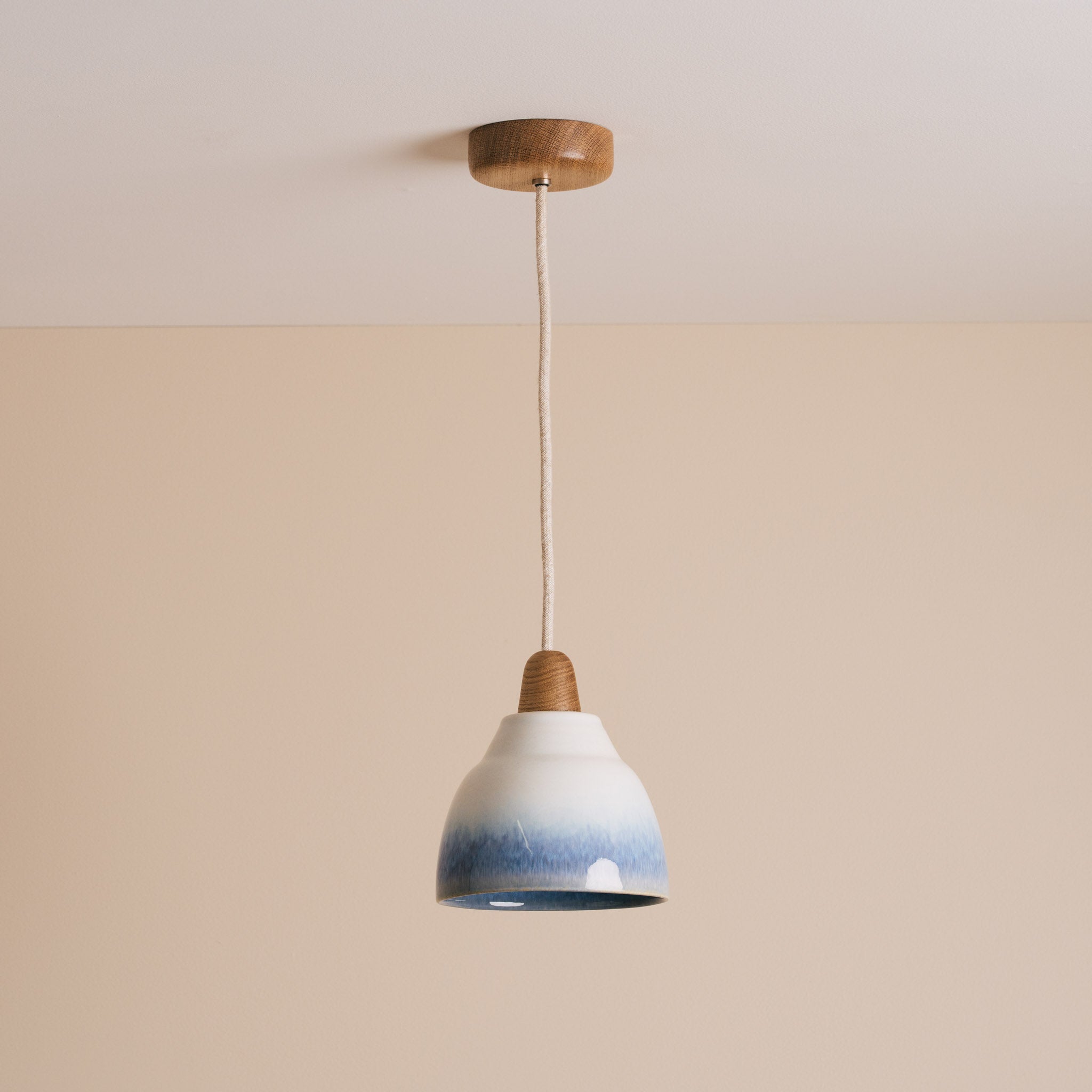 Blue and White Small Element Pendant Light in Ceramic and Oak