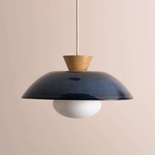 Blue Dawn Pendant Light in Ceramic and Oak