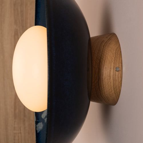 Blue Dawn Wall Light Sconce in Ceramic and Oak