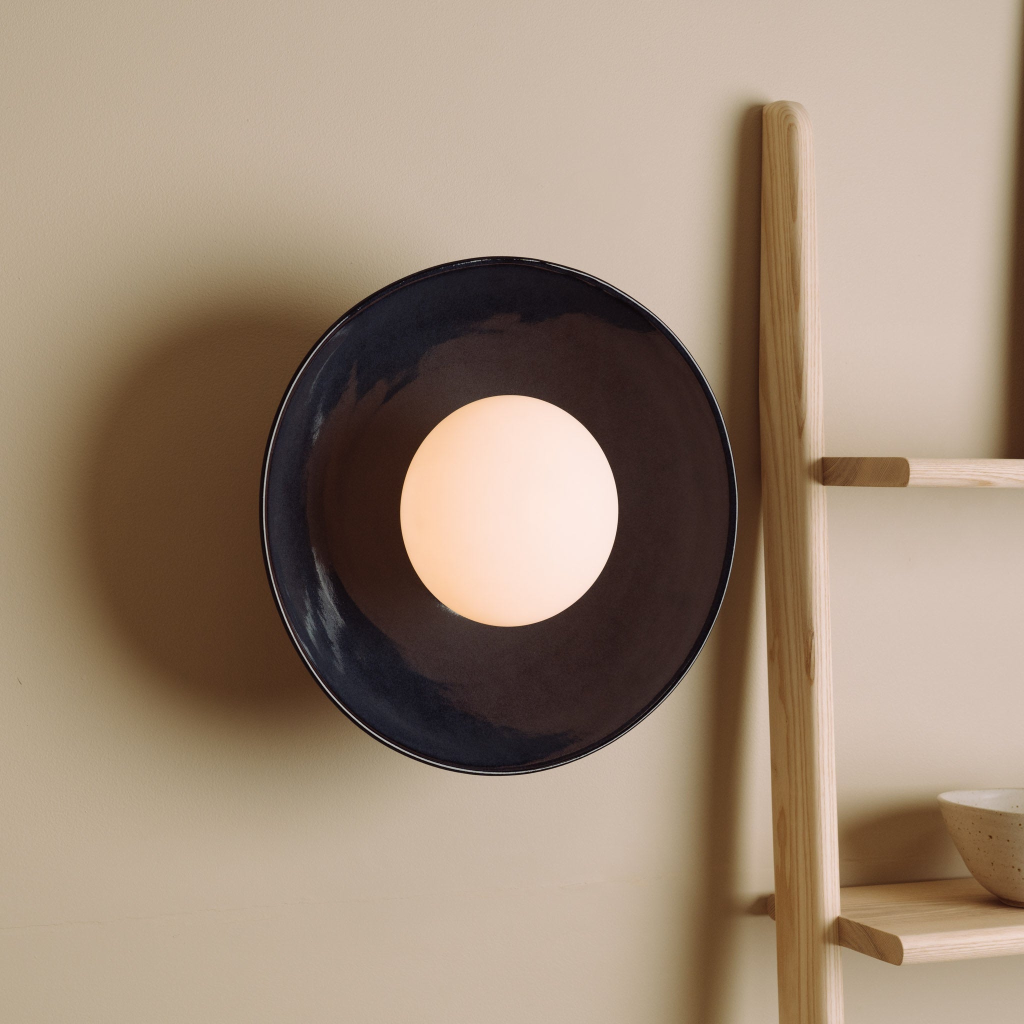Blue Dawn Wall Light Sconce in Ceramic and Oak