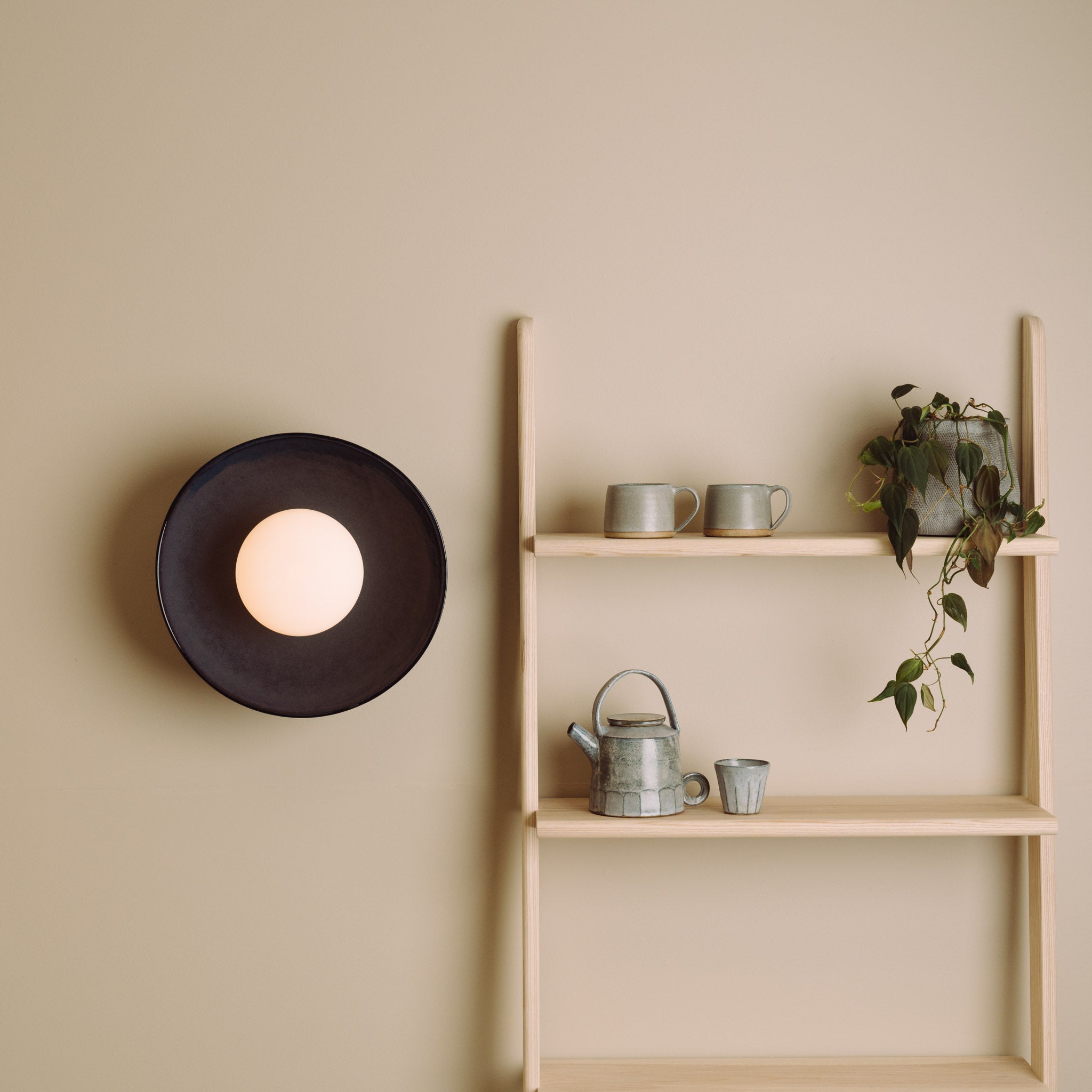 Blue Dawn Wall Light Sconce in Ceramic and Oak