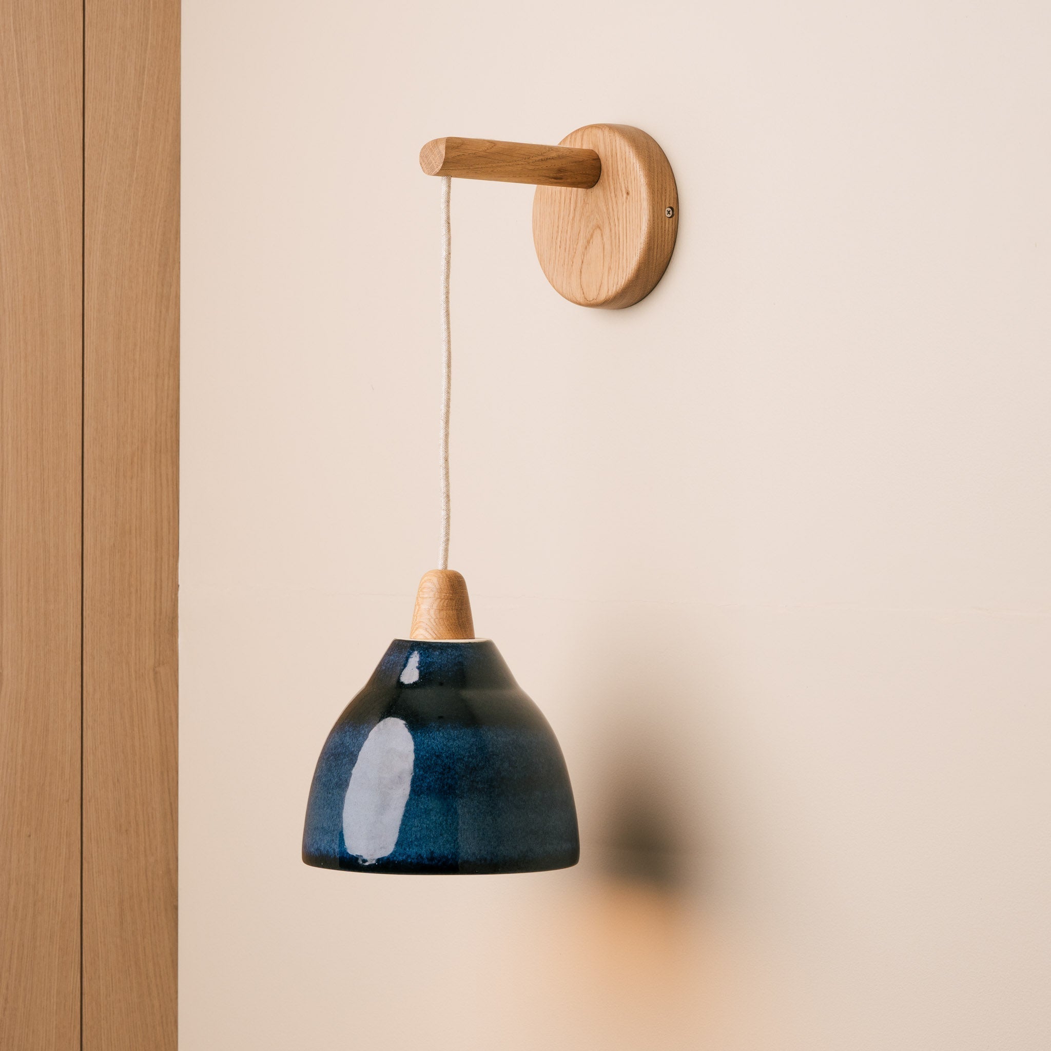 Blue Element Hanging Wall Light in Ceramic and Oak