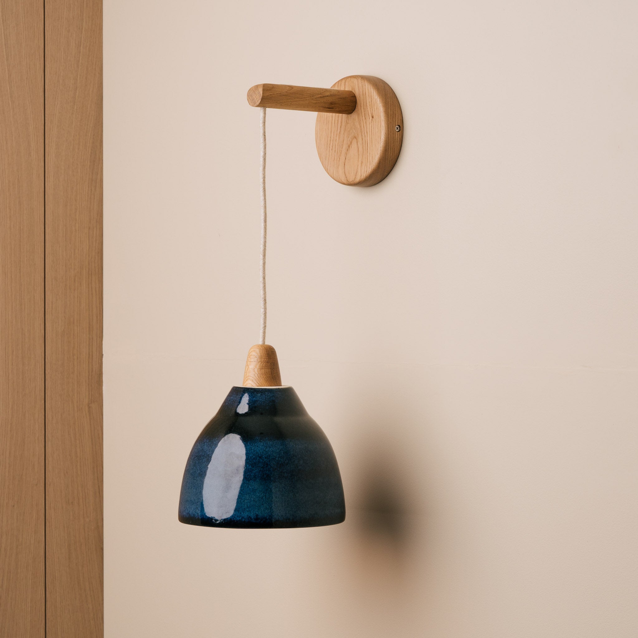 Blue Element Hanging Wall Light in Ceramic and Oak