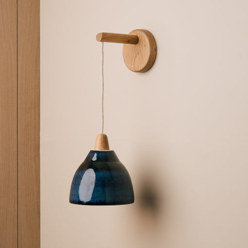 Blue Element Hanging Wall Light in Ceramic and Oak