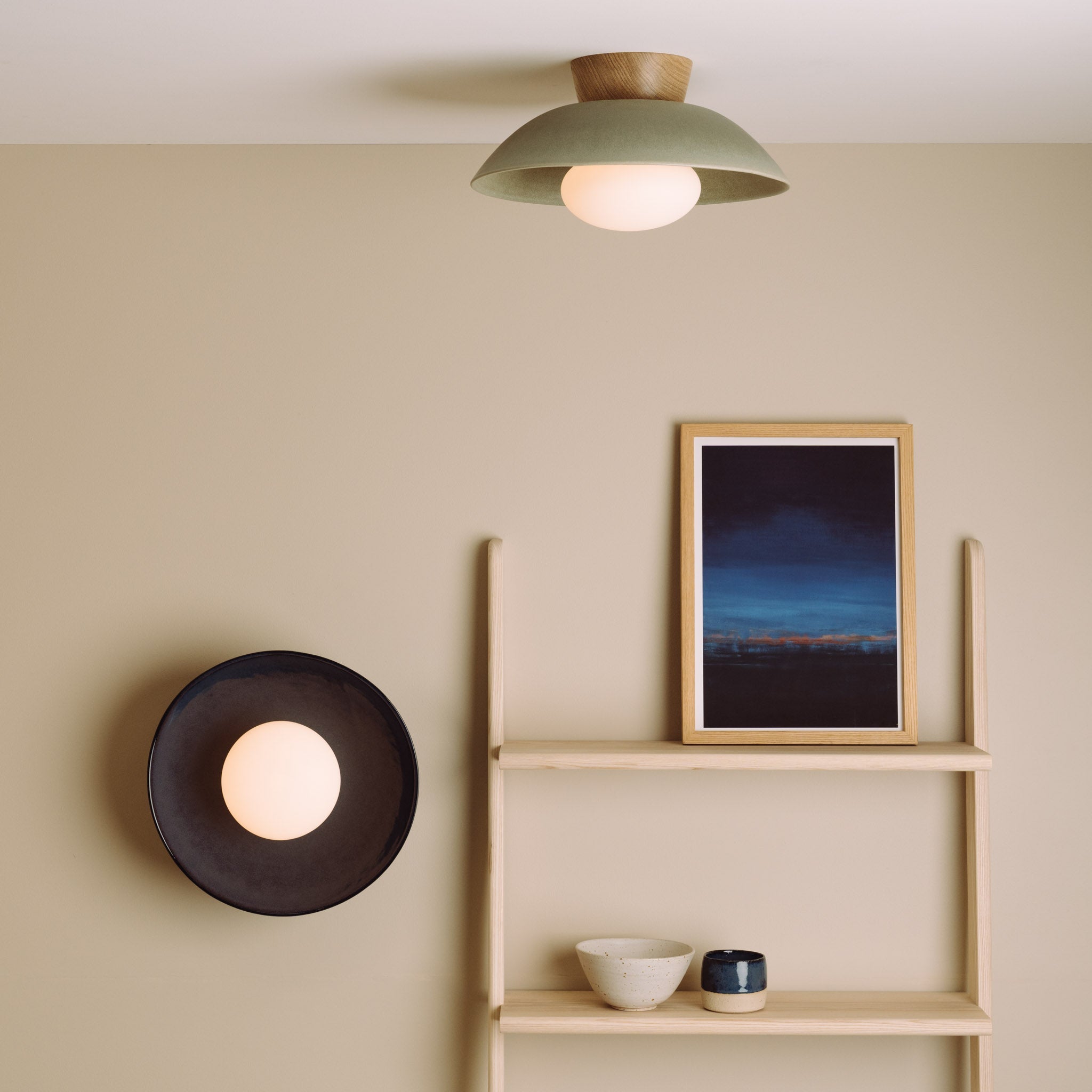 Green Dawn Flush Mount Ceiling Light in Ceramic and Oak