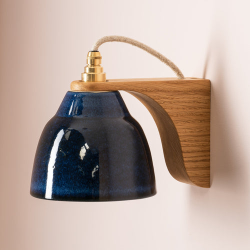 Blue Right-Angle Element Wall Light in Ceramic and Oak