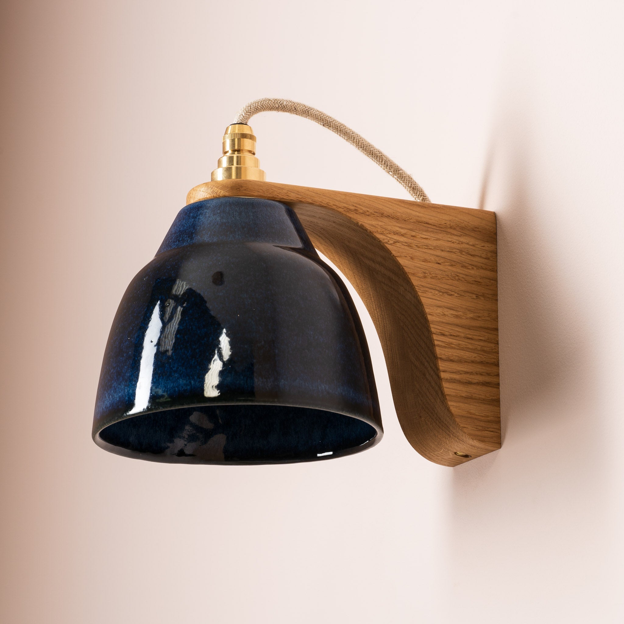 Blue Right-Angle Element Wall Light in Ceramic and Oak