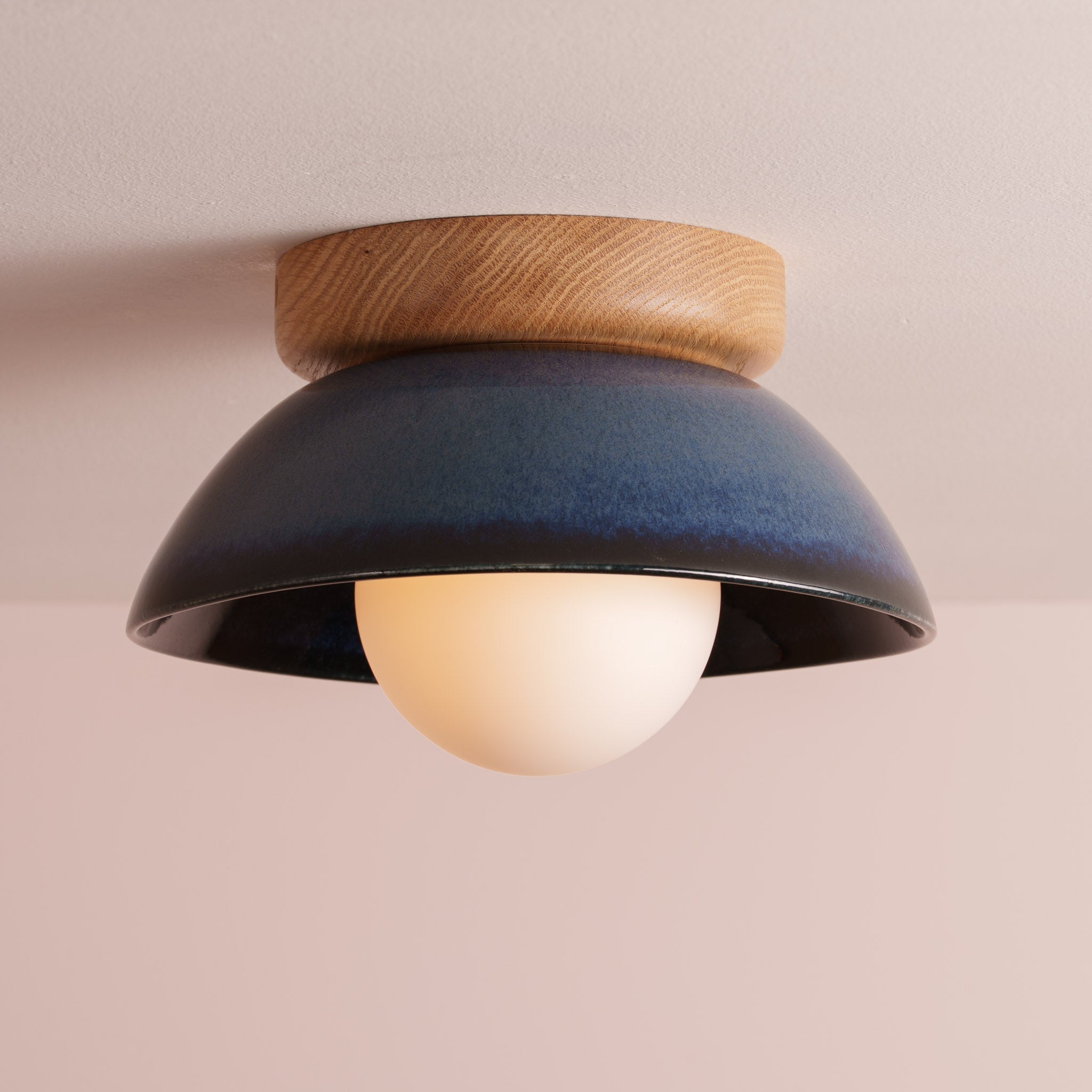 Blue Small Dawn Ceiling Light in Ceramic and Oak