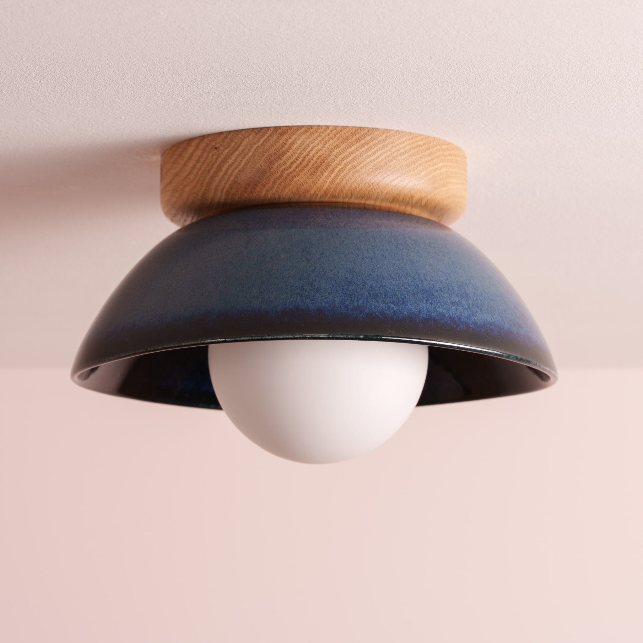 Blue Small Dawn Ceiling Light in Ceramic and Oak