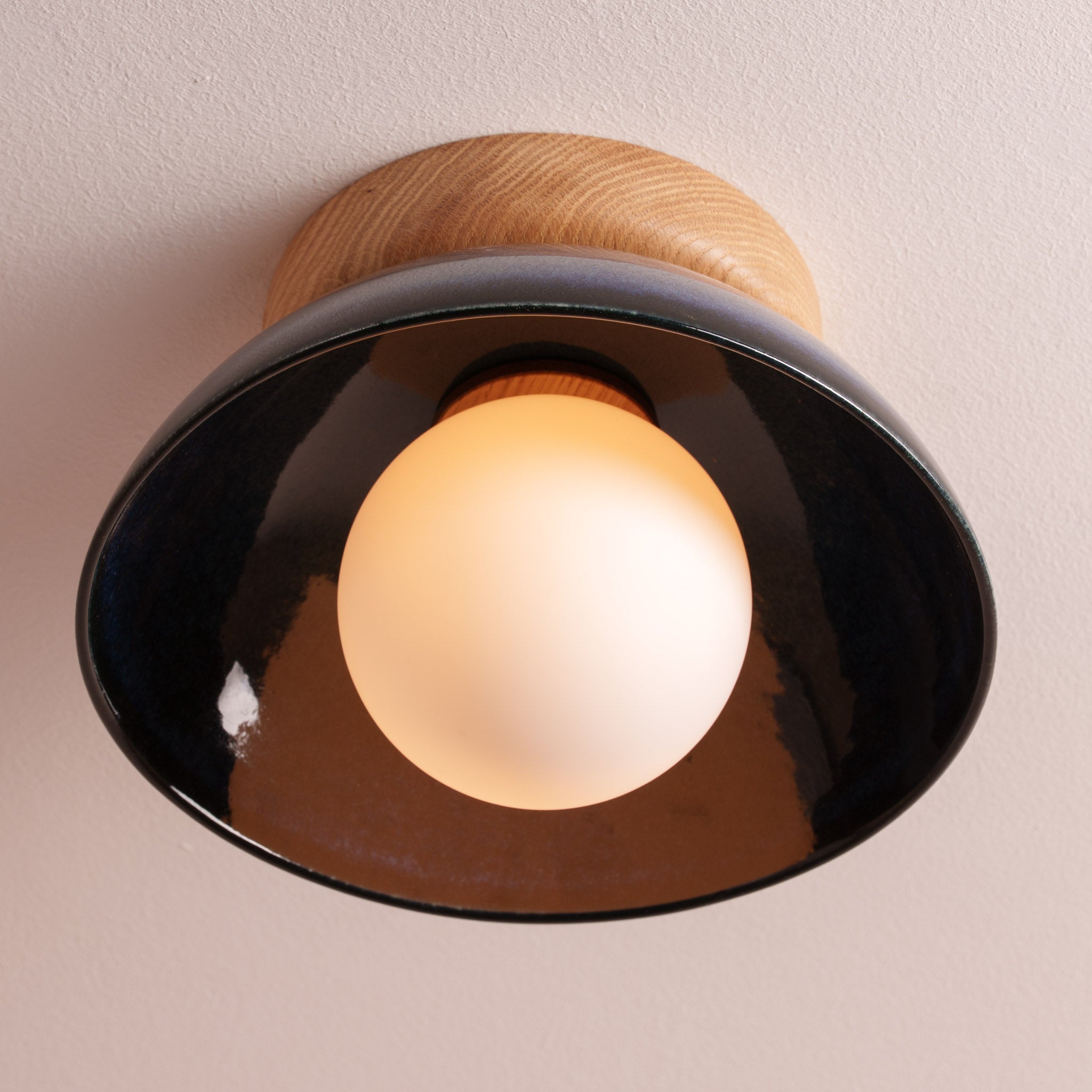 Blue Small Dawn Ceiling Light in Ceramic and Oak