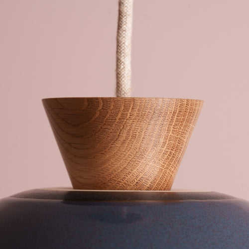 Blue Small Dawn Pendant Light in Ceramic and Oak