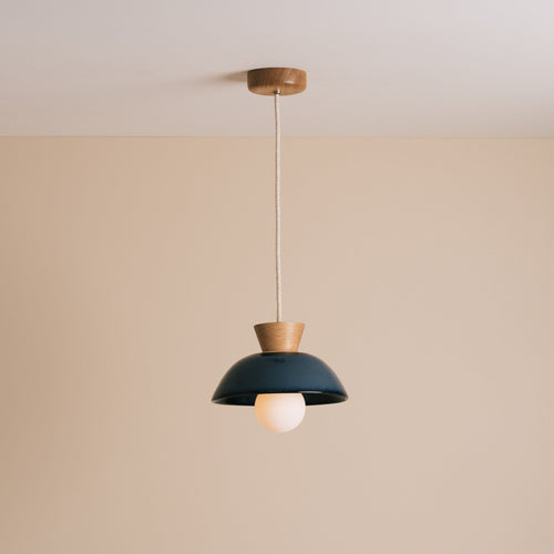 Blue Small Dawn Pendant Light in Ceramic and Oak