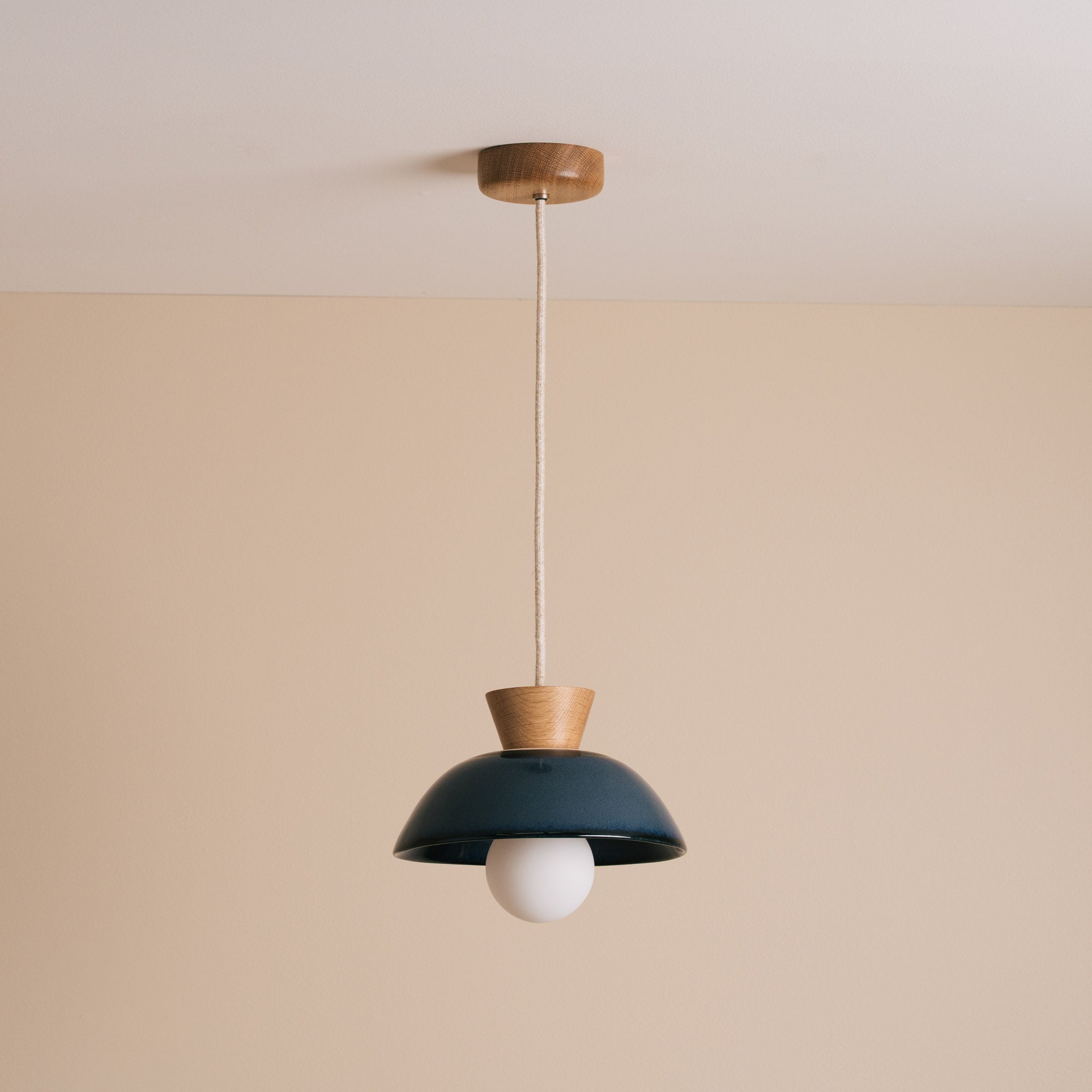 Blue Small Dawn Pendant Light in Ceramic and Oak