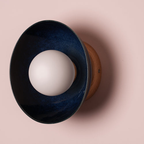 Blue Small Dawn Wall Light in Ceramic and Oak