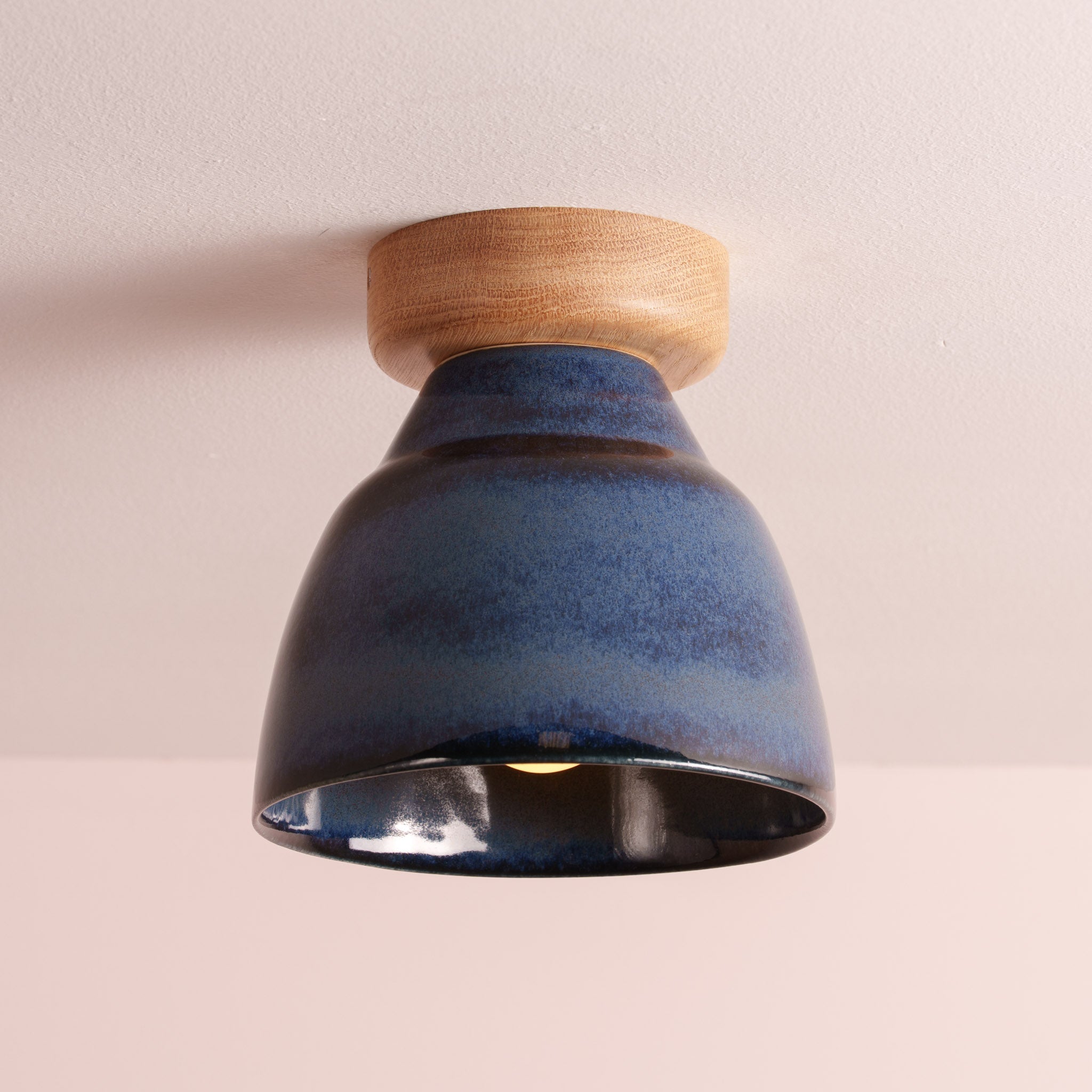 Blue Small Element Flush Mount Ceiling Light in Ceramic and Oak