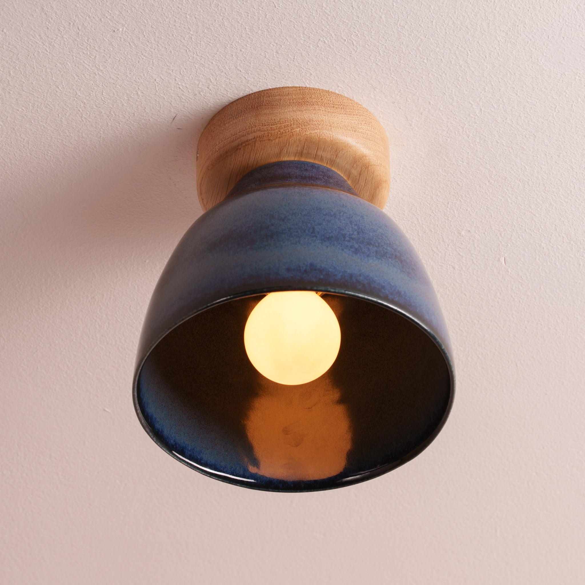 Blue Small Element Flush Mount Ceiling Light in Ceramic and Oak