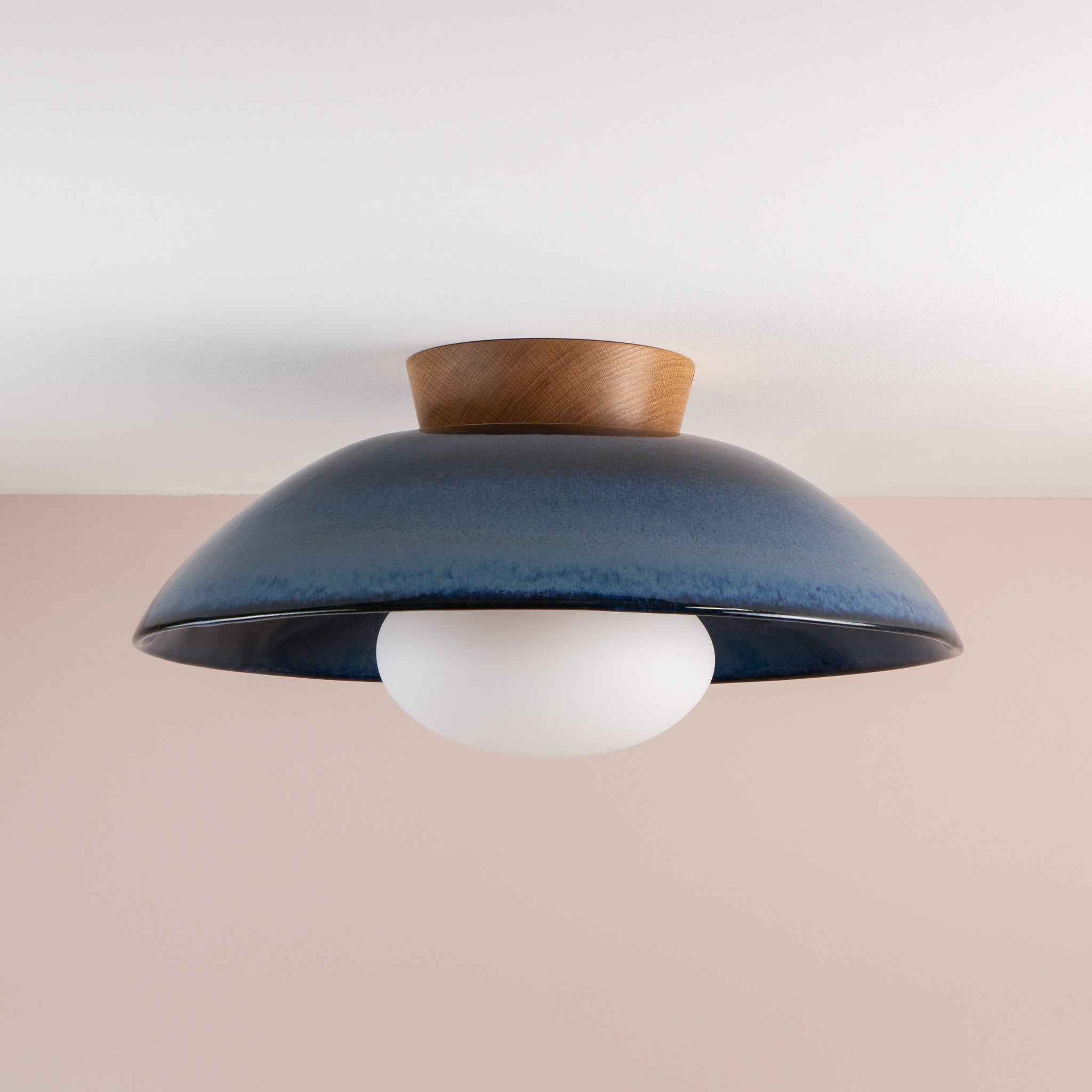 Blue XL Dawn Flush Mount Ceiling Light in Ceramic and Oak
