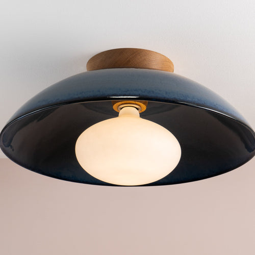 Blue XL Dawn Flush Mount Ceiling Light in Ceramic and Oak