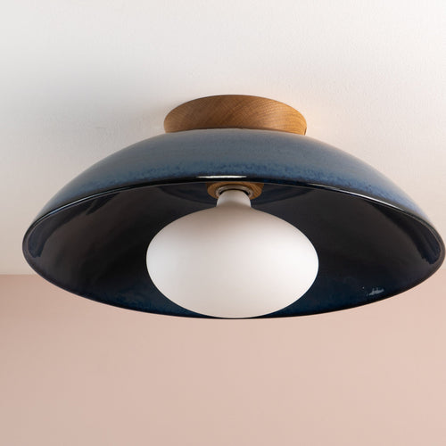 Blue XL Dawn Flush Mount Ceiling Light in Ceramic and Oak