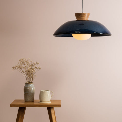 Blue XL Dawn Pendant Light in Ceramic and Oak