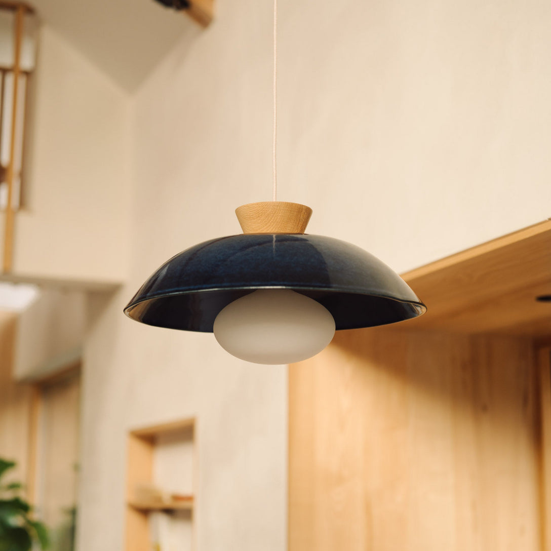 Blue XL Dawn Pendant Light in Ceramic and Oak