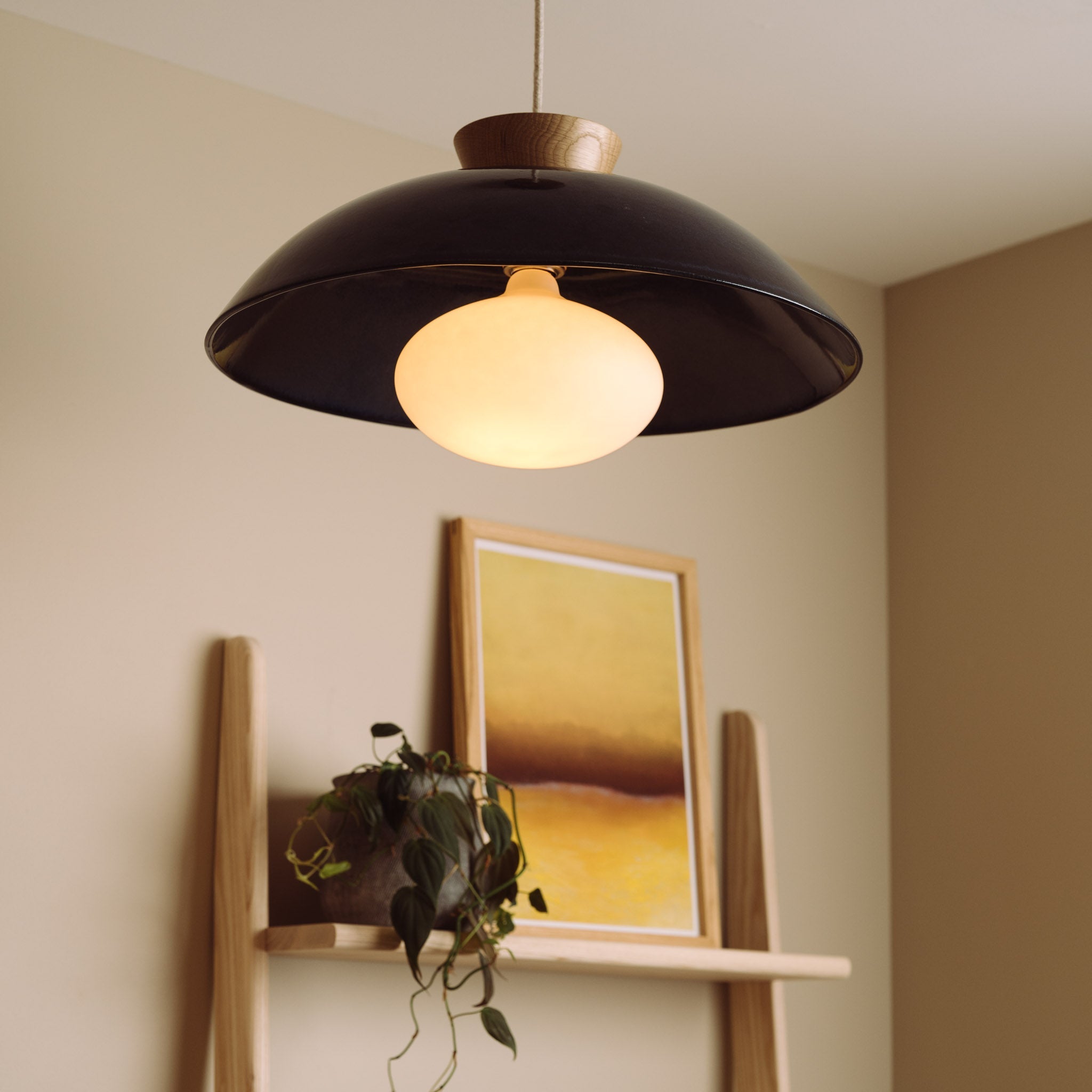 Blue XL Dawn Pendant Light in Ceramic and Oak