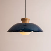 Blue XL Dawn Pendant Light in Ceramic and Oak
