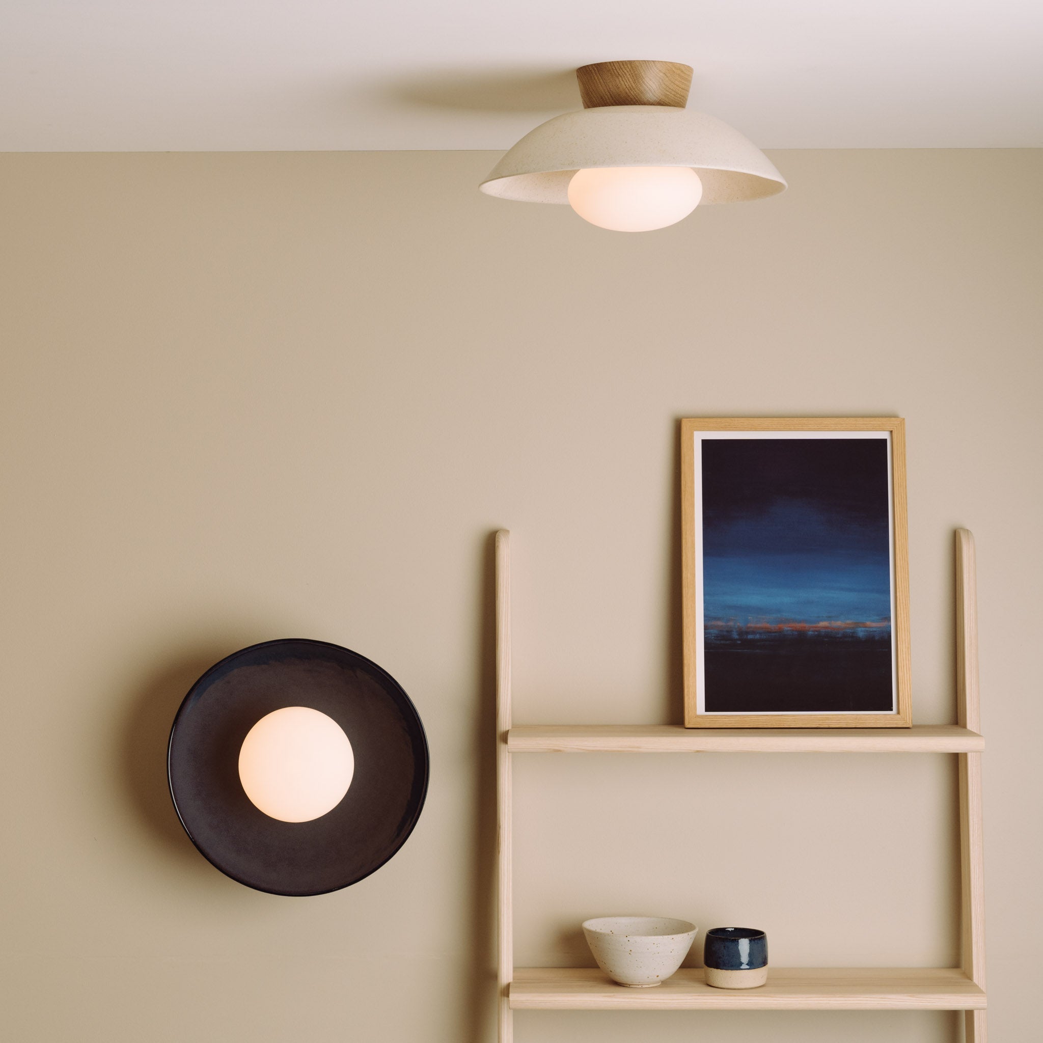 White Dawn Flush Mount Ceiling Light in Ceramic and Oak