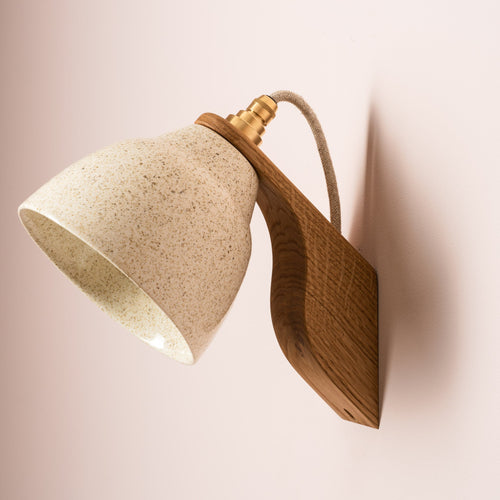 Speckled Cream Gloss Element Wall Light in Ceramic and Oak